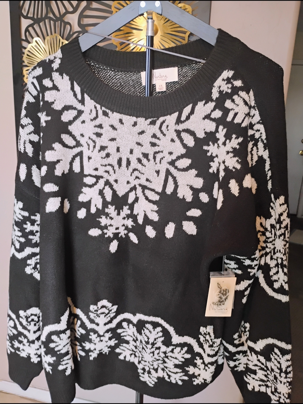 Westbound Size 1X Black and White Snowflake Crewneck Sweater